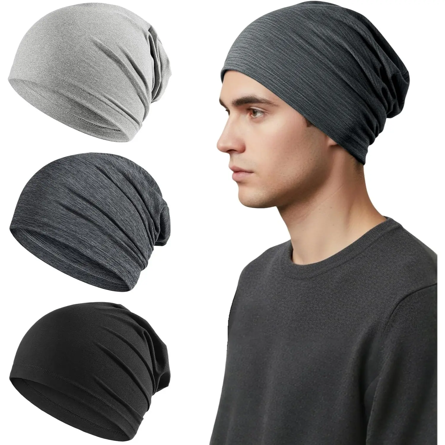3 Pack Slouchy Beanie Sleep Caps - Lightweight, Stretch, Breathable Polyester Blend Skull Caps with Relaxed Look, 1 Size for Men, Everyday Use, One Size, Solid Colors