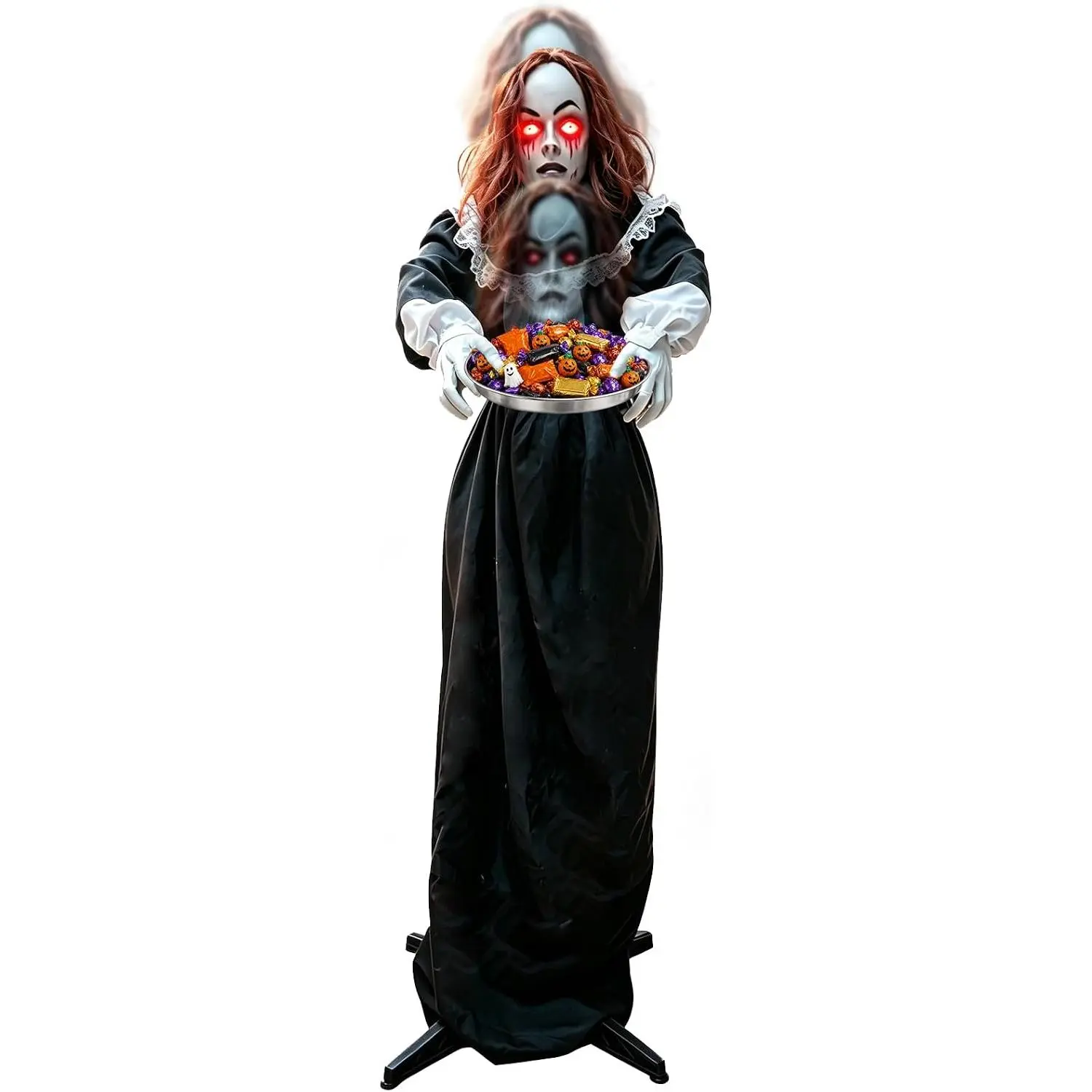 64 Inch Halloween Animatronic Standing Life Size Head-Dropping Ghost Maid | Sound Activated Scary Prop with Candy Tray, LED Red Eyes & Spooky Sound for Haunted House Halloween Decor Yard Outdoor Indoor