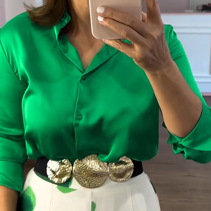 ChicMe 2 Pieces Outfit Long Sleeve Satin Blouse Valentine's Day and Casual Floral Print High Waist Wide Leg Pants Set（Without Belt）for Wedding Guest & Wedding