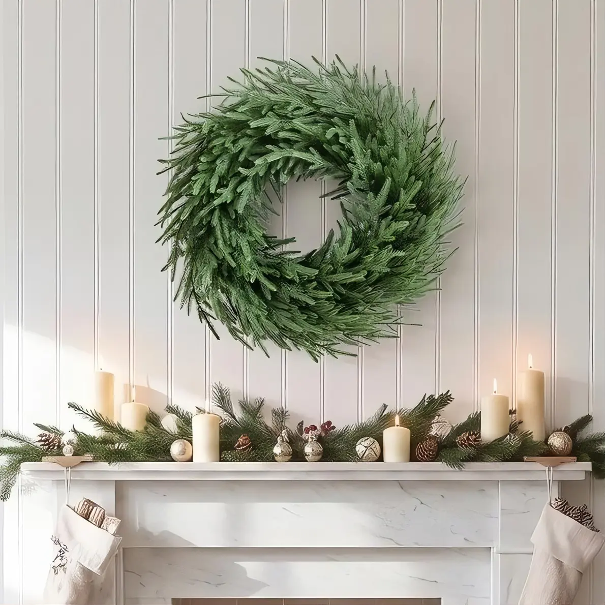 Yaheetech 26" Fluffy Real Touch Pine Leaf Round Wreath, Large Artificial Christmas Wreath with Hook for Front Door, Entryway Home Decor Items