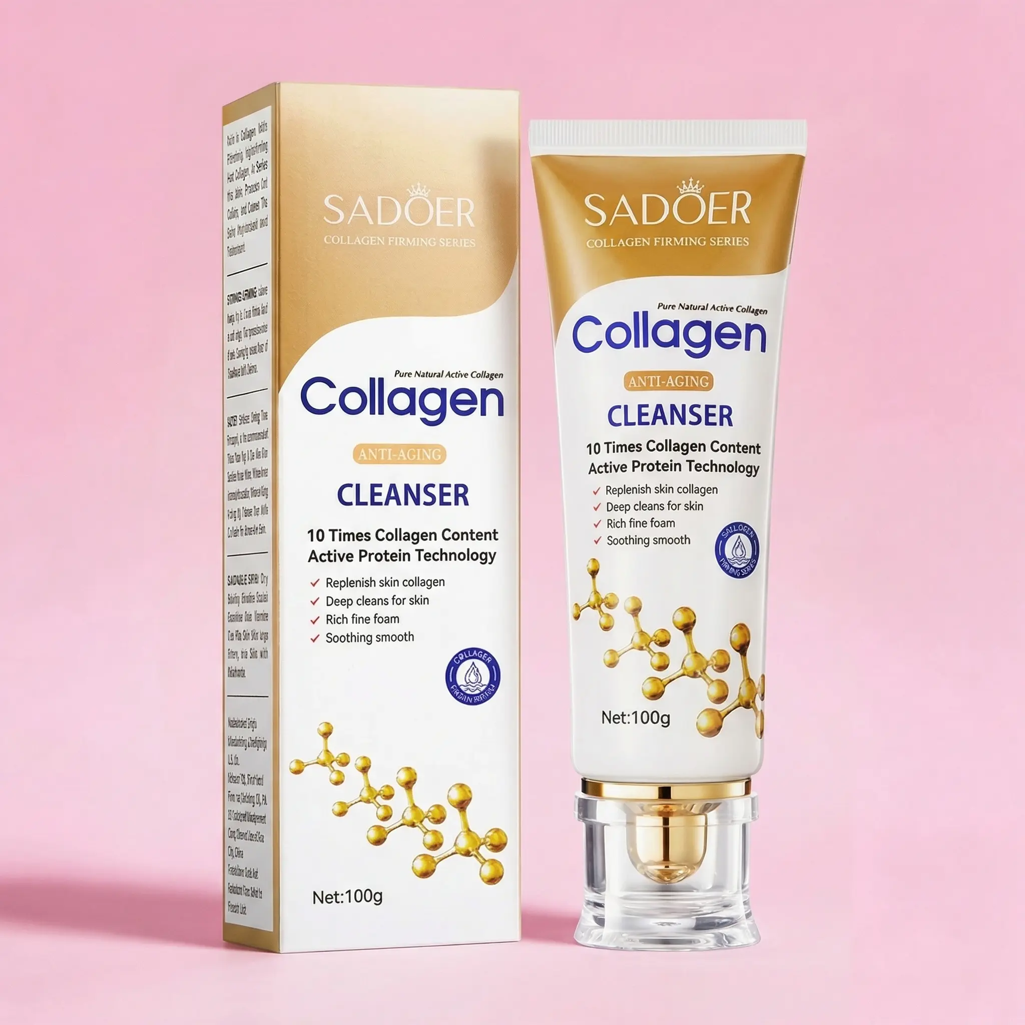 SADOER Collagen Cleansing Foam, Hydrating & Soothing Daily Face Wash with Hyaluronic Acid for Skin Repair, For Normal Skin, 100g, Smooth, Collagen Boost, 10 Times Collagen Content