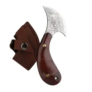 A large Damascus kitchen knife with a wooden handle and a chicken-head design, featuring a curved blade and a portable, sharp build—collectible quality and an exquisitely cool gift.