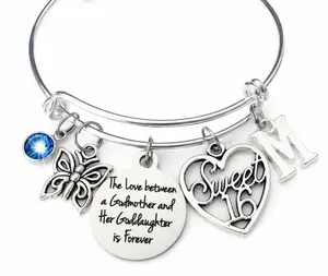 Sweet 16 Goddaughter Gift from Godmother, Personalized Charm Bracelet Birthstone Initial, Silver Expandable Bangle 16th Birthday