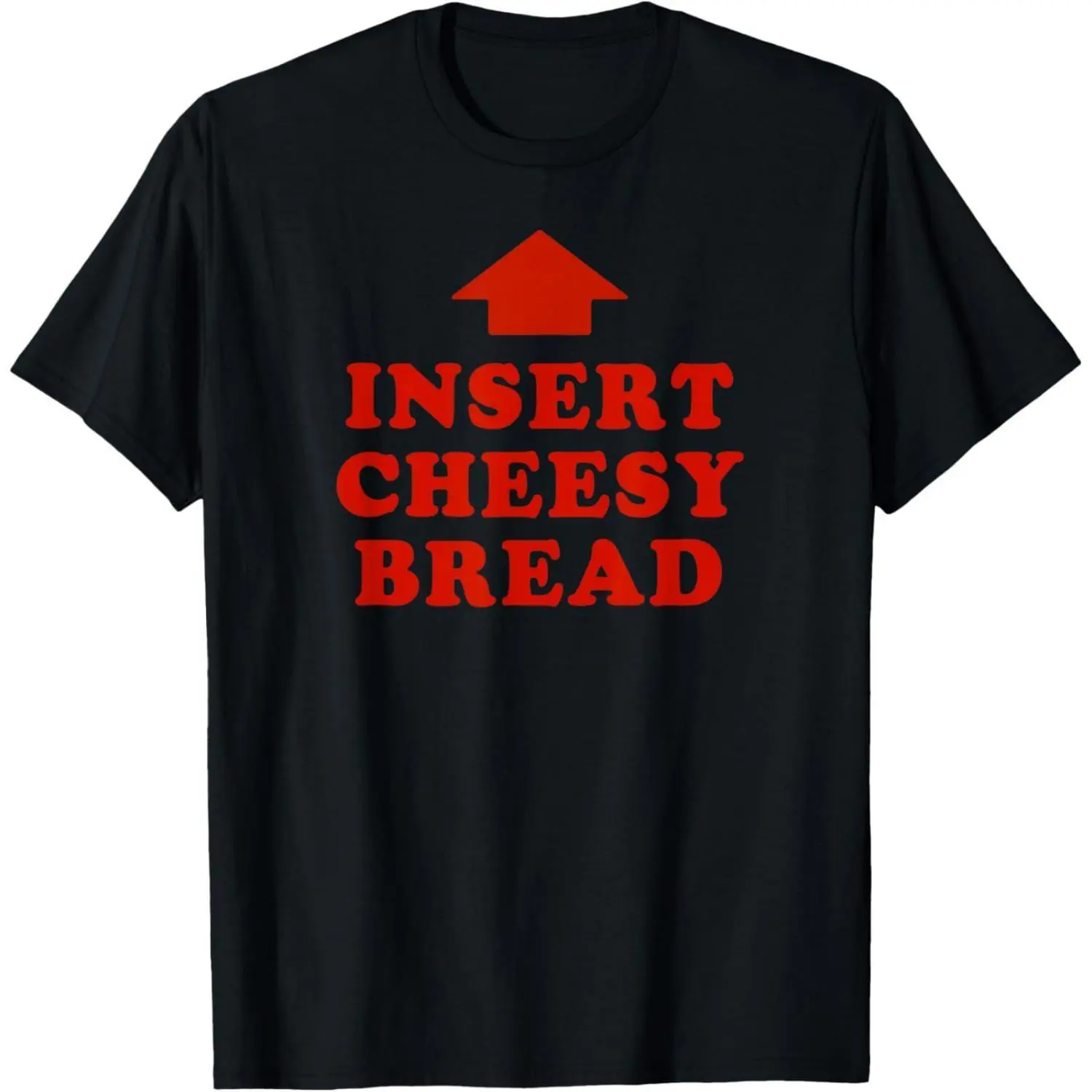 Red T Shirt with Cheesy Bread Lettering and Arrow Graphic