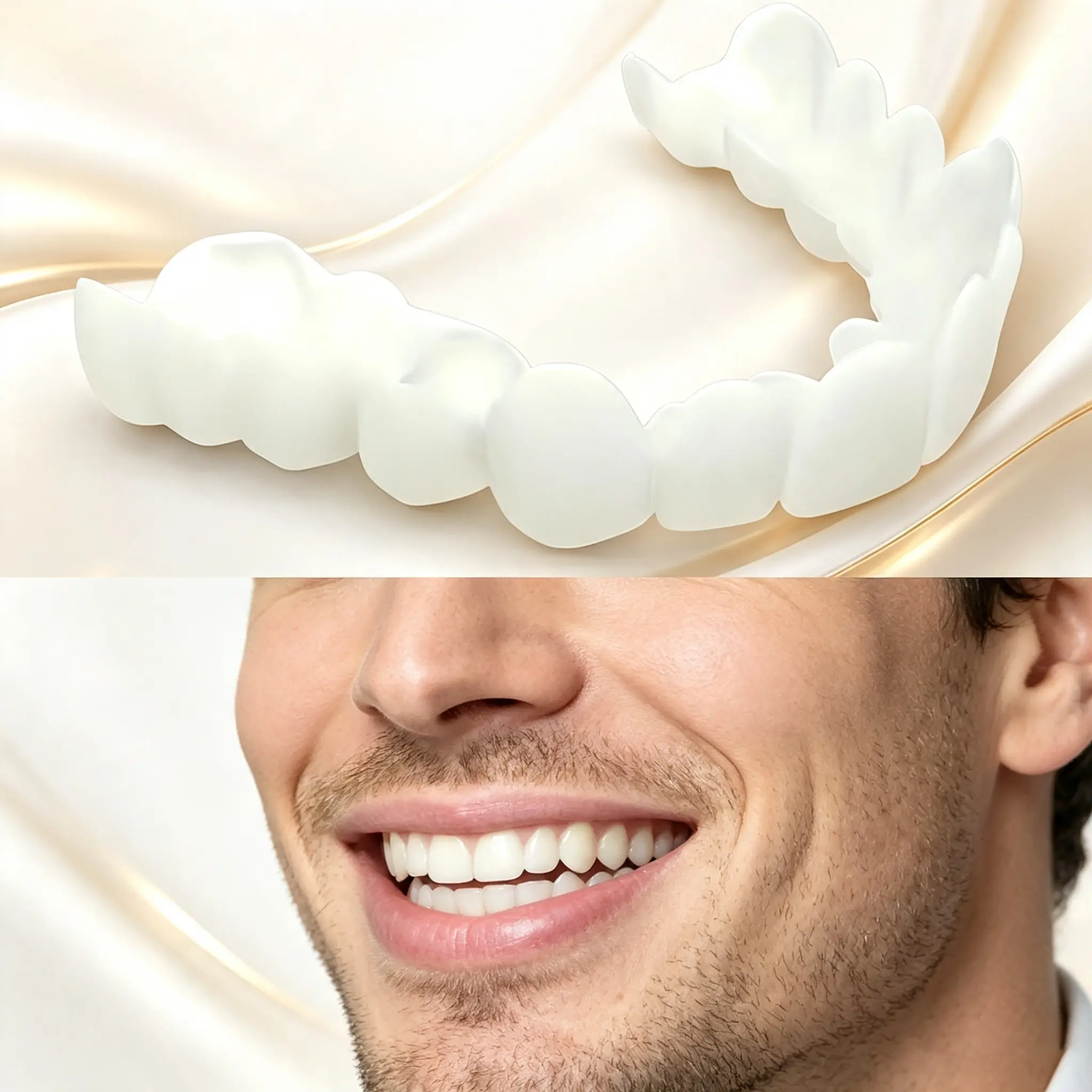 2-Pair Silicone Snap-On Smile Fake Teeth Set, Instant Oral Veneers, Cosmetic Whitening Tooth Covers, Clip-In Top & Bottom Dentures for Radiant Daily Smiles & Stain Concealment Confidence
