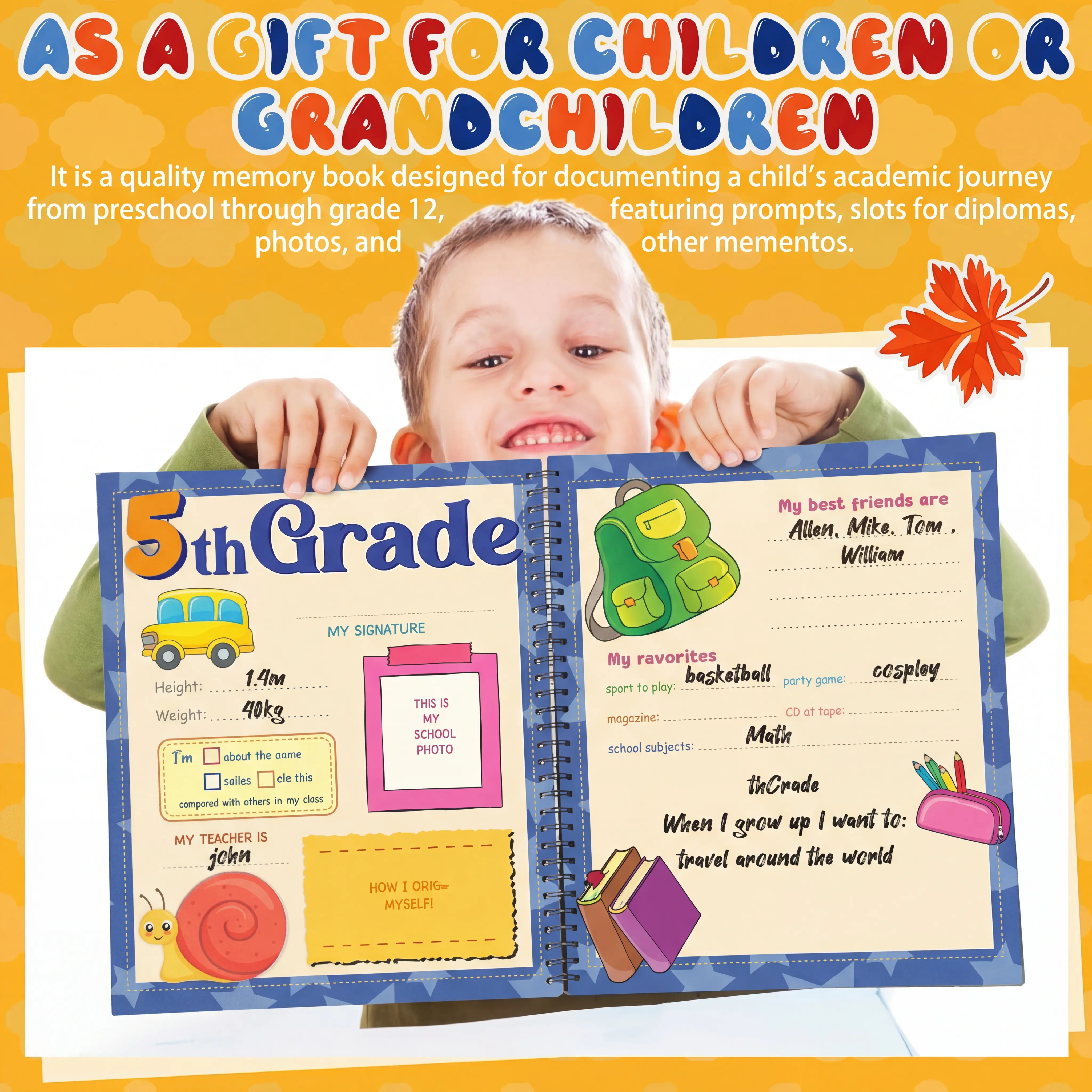 Child holding an open school memory book