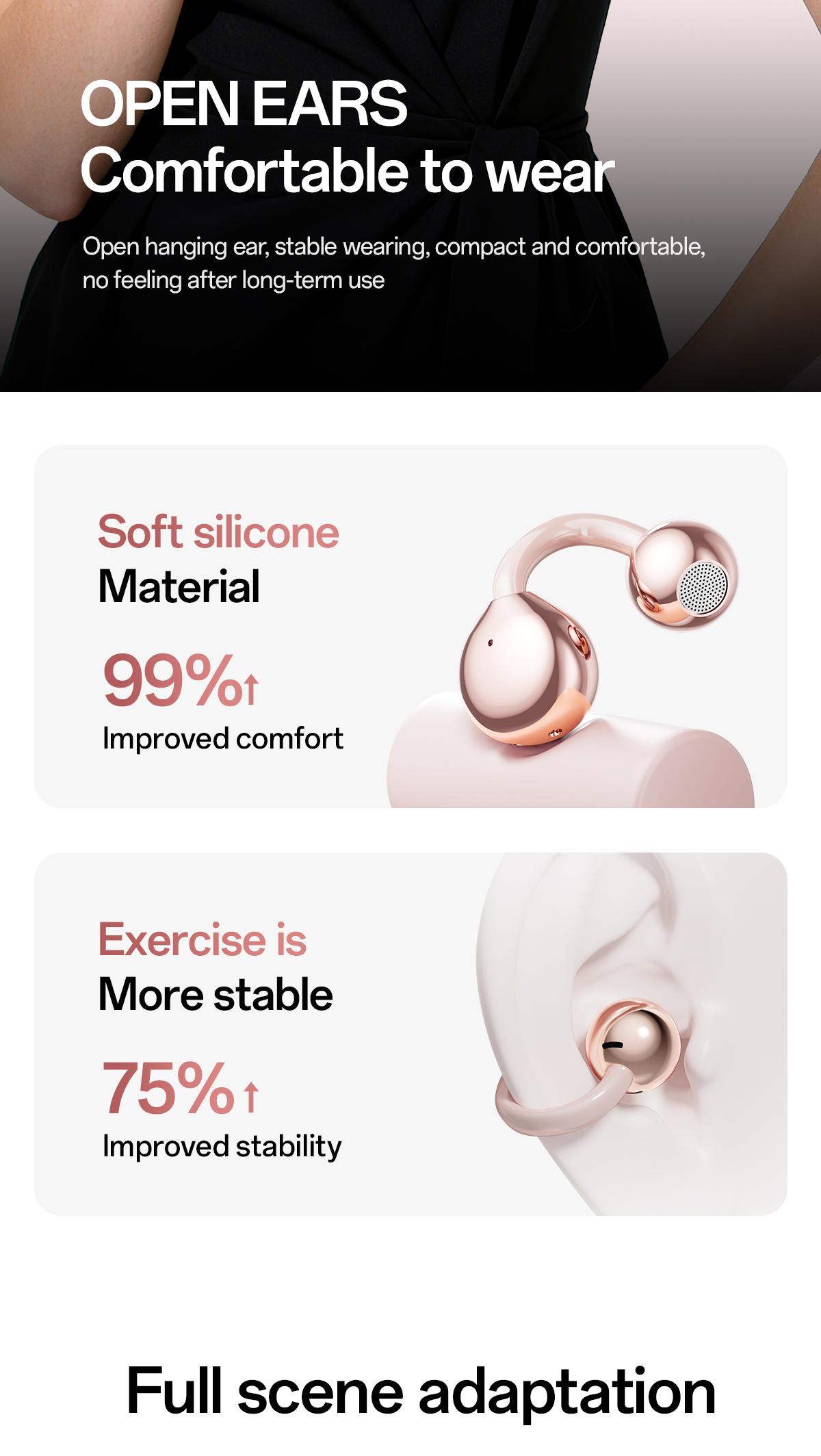 CHENRUIDA M106 Women's Headphones with Dynamic Stereo Earbuds ENC Call Noise Reduction IPX7 Waterproof 360° Panoramic Sound Ear Clip Earphones Comfortable Fit pink head phones