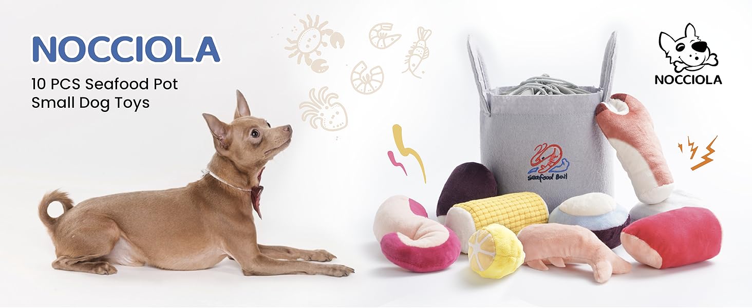 Nocciola 10 PCS Seafood Boil Dog Toy Set with a Pot, Christmas gift, Squeaky Crinkle Plush Puppy Toy,Interactive Toys, Hide Toys for Small to Medium Dogs