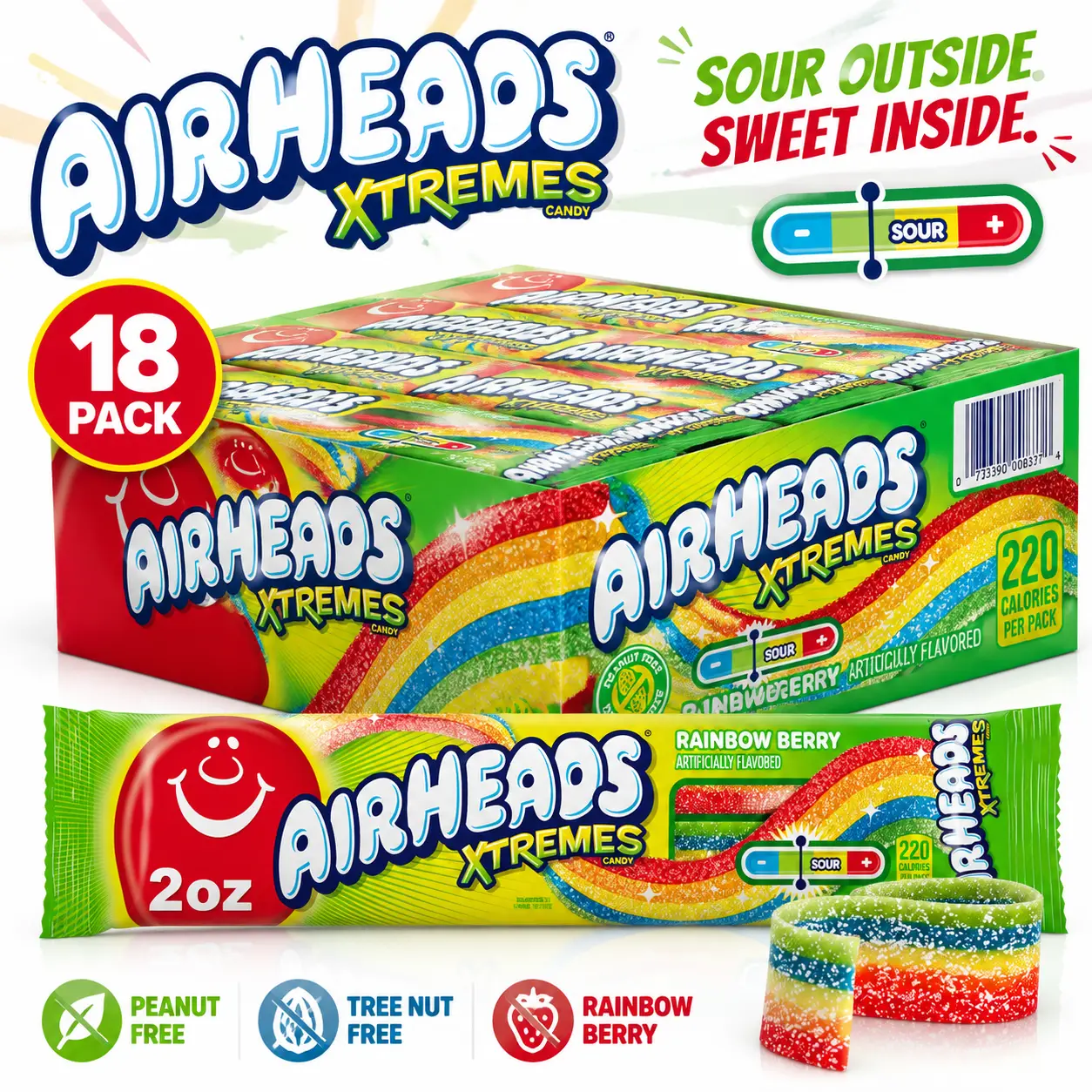 Airheads Xtremes Sour Belts 2 oz 18 Count  Sweet & Sour Rainbow Candy Belts | Soft Chewy Fruit Candy for Parties & Snacking