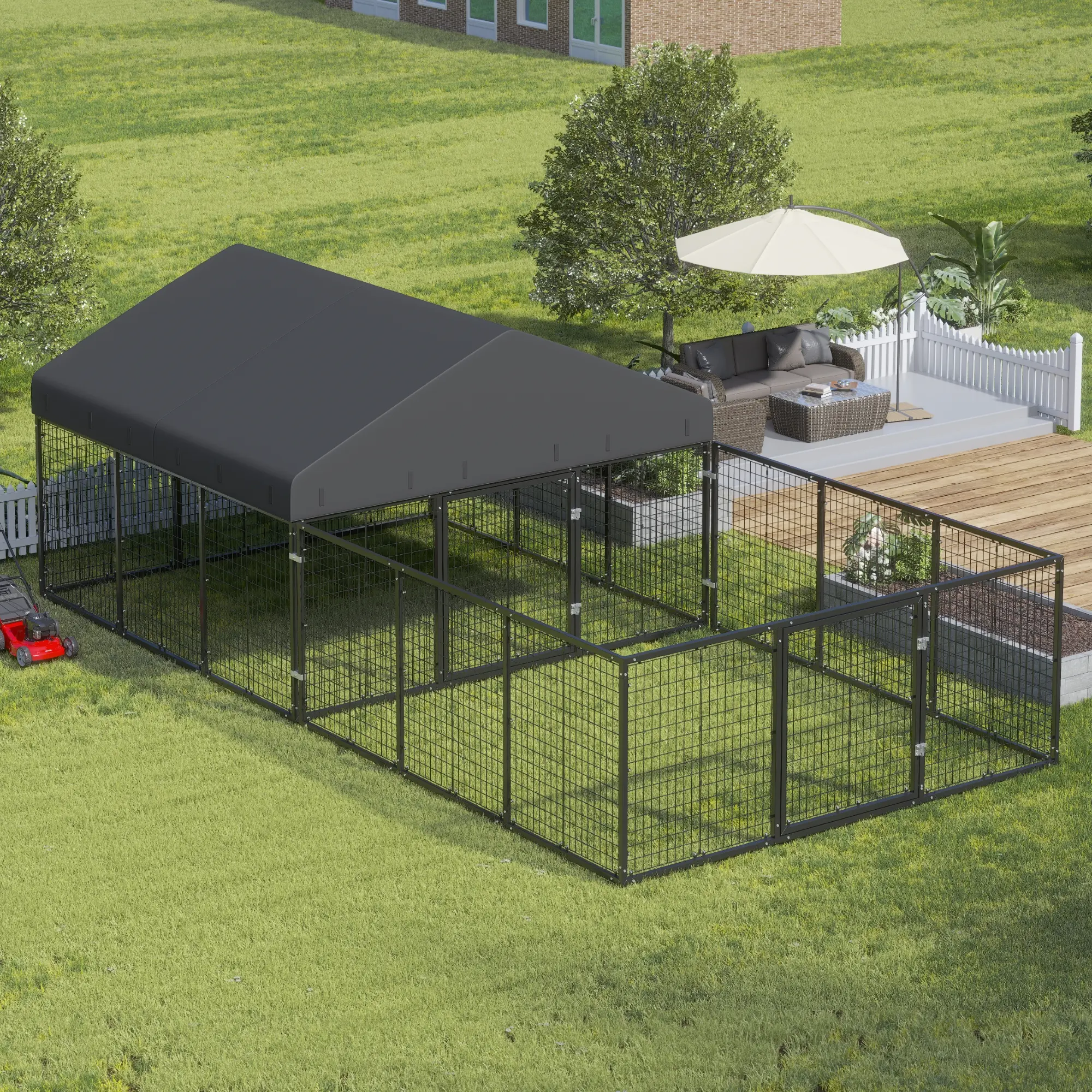 PETONY Dog Kennel with Dog Fence for Medium/Small Dogs Anti-Rust Coating Cage with Roof All Weather Resistant Dog House with Double Locks
