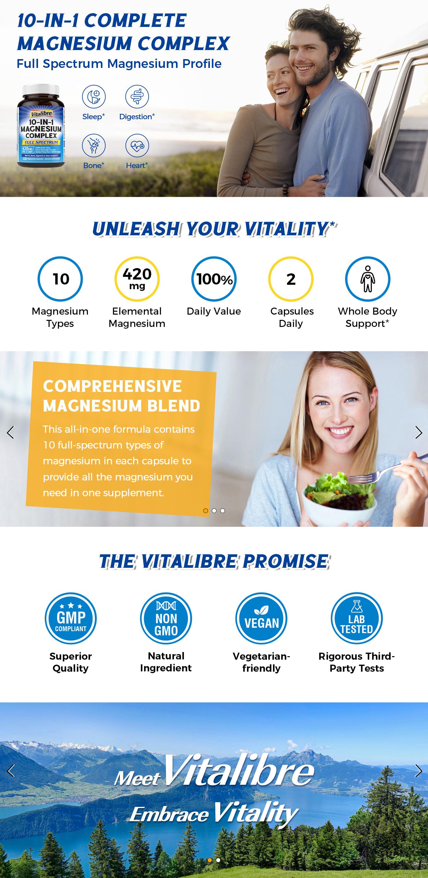 Vitalibre Magnesium Complex Supplement, 10 in 1 - Glycinate, Malate, Taurate and More, 420mg, 100% DV, Extra Strength, Nerve, Bone, Muscle, Digestive & Heart, 120 Caps Vitalibre Magnesium Complex Supplement, 10 in 1 - Glycinate, Malate, Taurate and More, 420mg, 100% DV, Extra Strength, Nerve, Bone, Muscle, Digestive & Heart, 120 Caps