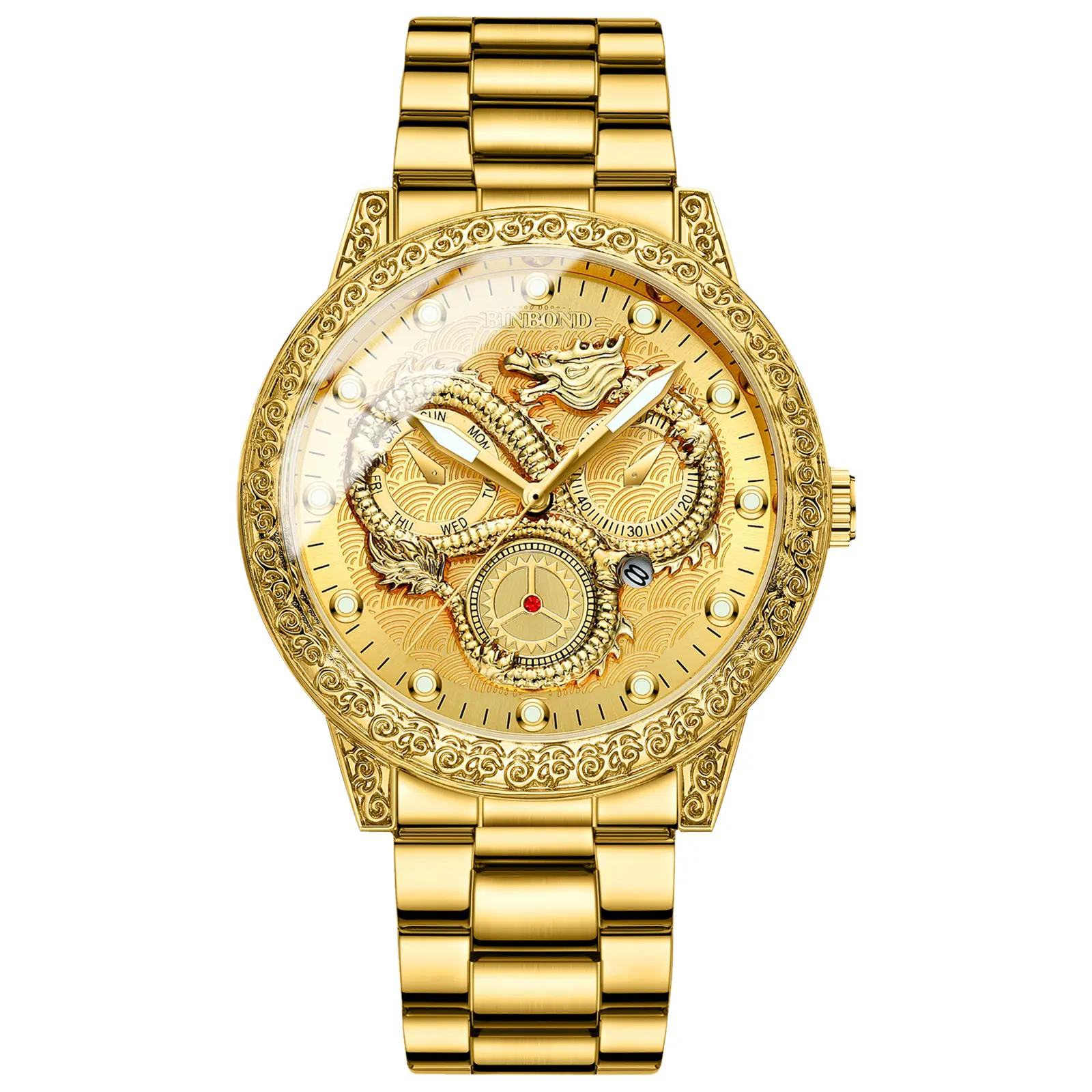 OIDEA Luxury Gold Dragon Men's Analog Quartz Jewelry Watch - Stainless Steel Strap, Waterproof, Luminescent Hands, Hollow Scale, Date Function, Business Dress Wristwatch, Father's Day Gifts, Quartz Movement, Business Use, Luminescent Dial, Male Wear