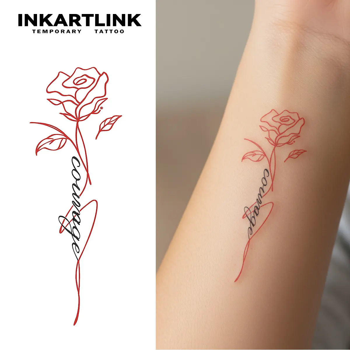 INKARTLINK Waterproof Temporary Fake Tattoos - 2 Sheets Romantic Red Rose Outline Elegant Minimalist Art, Waterproof Wear Semi-Permanent Long-Lasting, Festival Party Style for All Skins