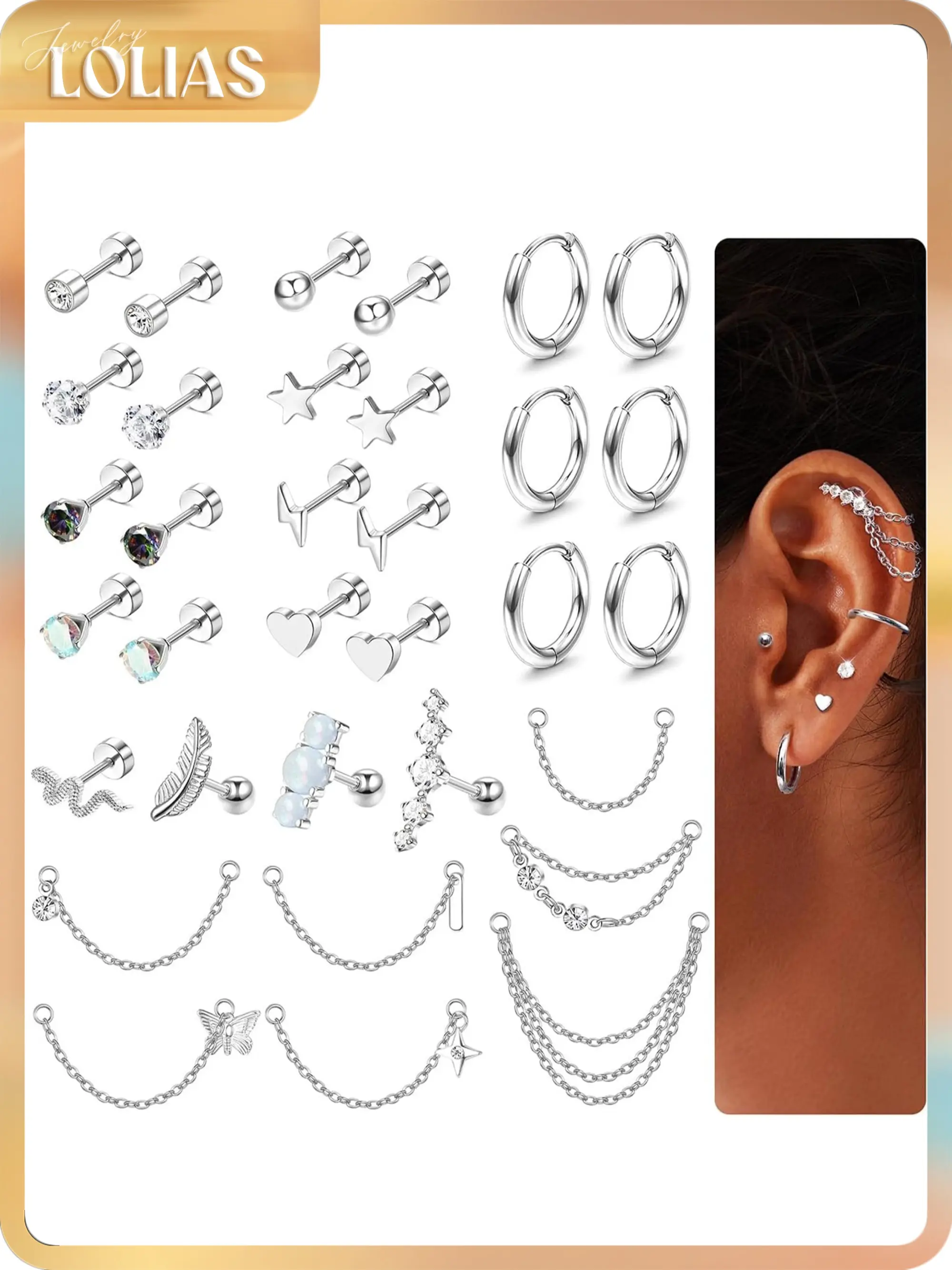 LOLIAS Women's 33Pcs 20G Surgical Steel Cartilage Earring Set - Hypoallergenic Flat Back Studs, Hoops, 7 Chain Dangles, Trendy Iridescent Chain, CZ Opal Jewelry for Conch Piercings, Earring Stack, Jewelry Stack, Body Piercing Kit