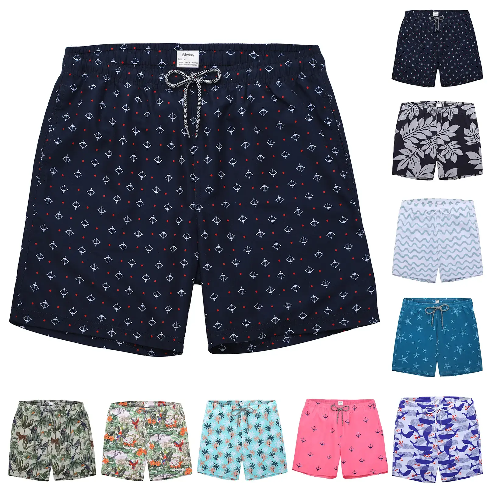 Men’s Hawaiian Quick Drying Breathable Polyester Blend Swim Trunks - Beach Shorts with Mesh Lining, Pockets, Lightweight Swimming Shorts for Summer Beach Outfits, Breathable Swim Shorts, Loose Fitting