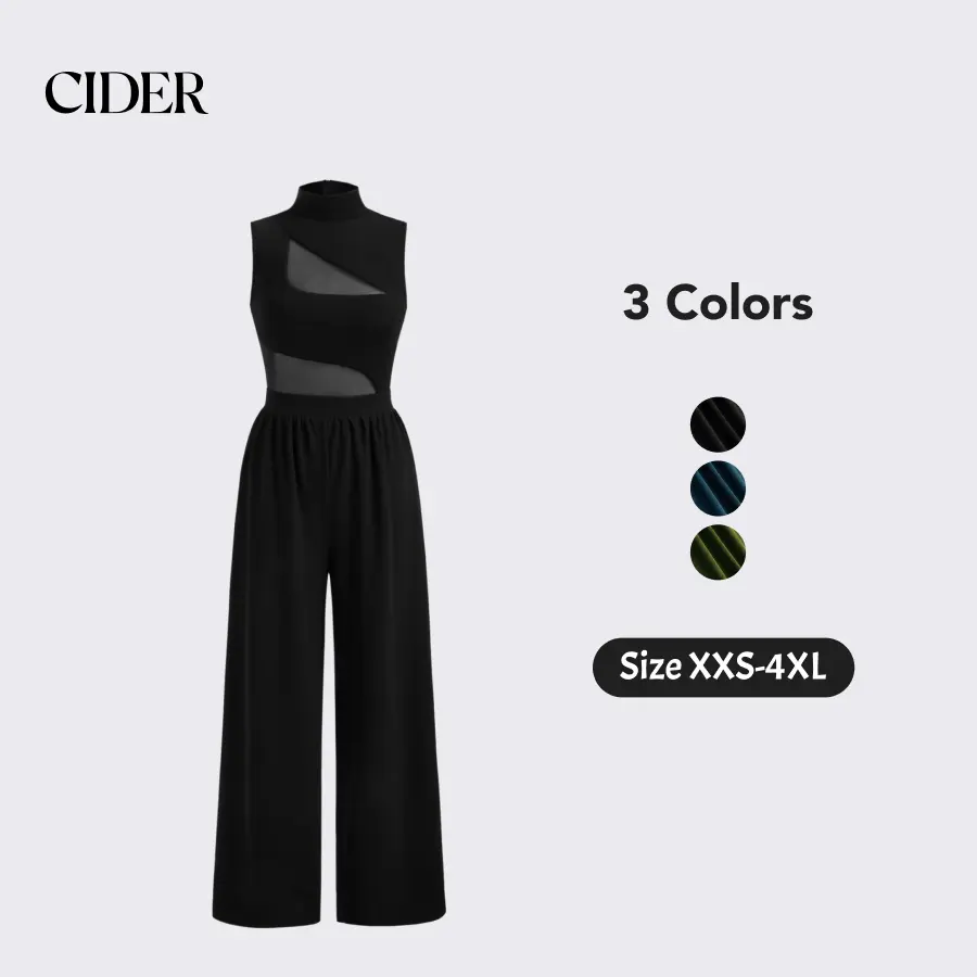 Cider Wide Leg Jumpsuit – Modern Chic Sophisticated Women's Date Night Formal Party Gown, High Neck Cut Out Patched Sleeveless Elastic Fabric Regular Fit Pant Suit for All Seasons
