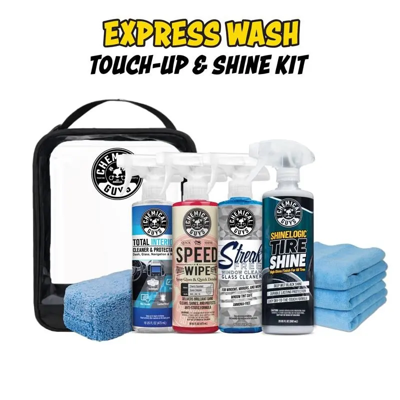 Chemical Guys Express Wash Touch-Up & Shine Kit – Interior & Exterior Detailing Bundle | Remove Drips, Restore Shine, Clean Tires, Glass & Cabin | Trunk-Ready On-the-Go Kit with Microfiber Towels & Storage Bag Anytime | Car Care