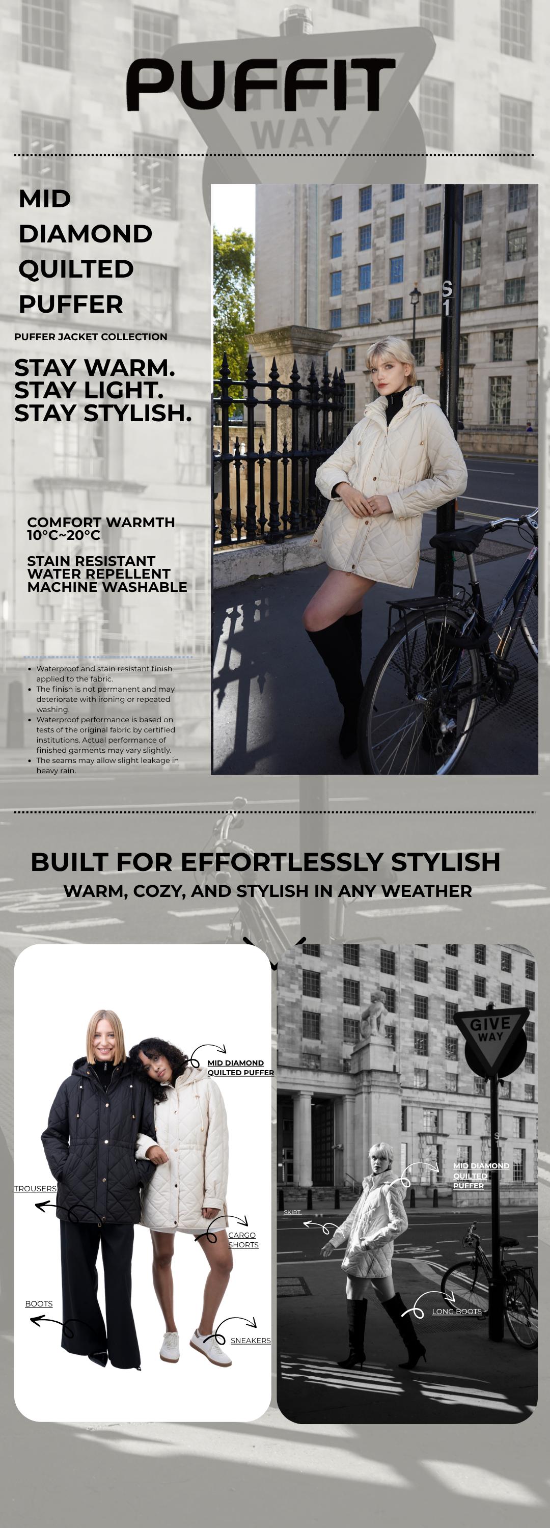 PUFFIT WarmCore Premium Mid-length Diamond Quilted Drawstring-waist PUFFER Style,Classic Diamond Pattern,Waist-cinching Lightweight Cotton Jacket,High-density Integrated Quilting Lightweight, Comfortable For Commuting, Stylish For Going Out SpringStatemen