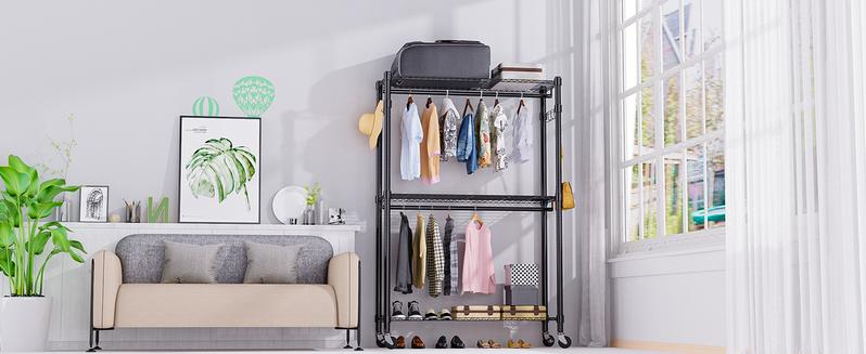 Heavy Duty Clothes Rack on Wheels Metal Garment Rack with Height Adjustable Wire Shelves 80.7"H  Freestanding Wardrobe Laundry Rack with 2 Hanging Rods 2 Side Hooks Clothing Storage for Bedroom, White Outdoorfun