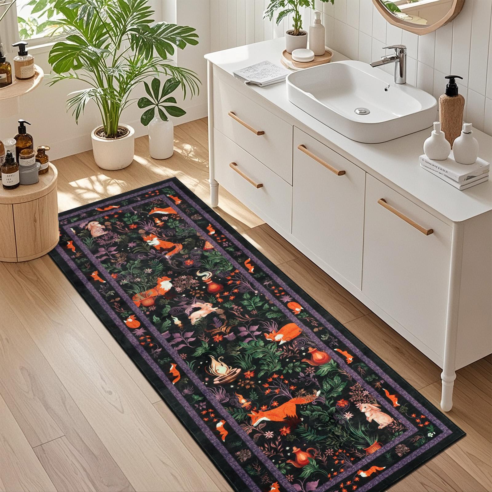 [Restock Up Sale]Geanup Fantasy Fox Animal Runner Rugs for Hallway, Non Slip Botanical Kitchen Rug, Soft Thin Jungle Fox Bedside Runners, Cute Mushroom Accent Floor Carpet for Bedroom Hall Bathroom Laundry