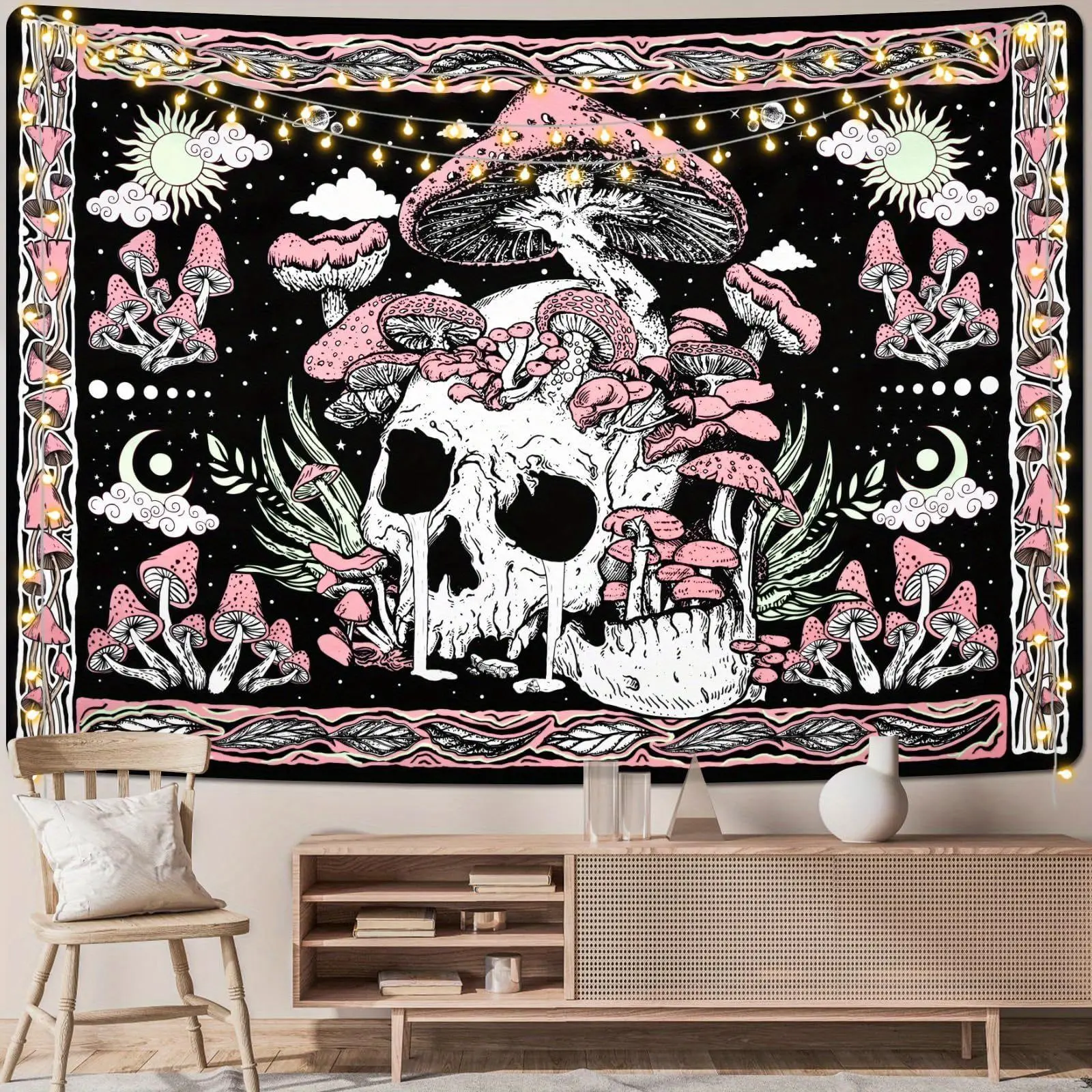 Large Pink Mushroom-Skull Design Tapestry, Hippie Aesthetic Bedroom Decor, Versatile Wall Hanging for Home Spaces