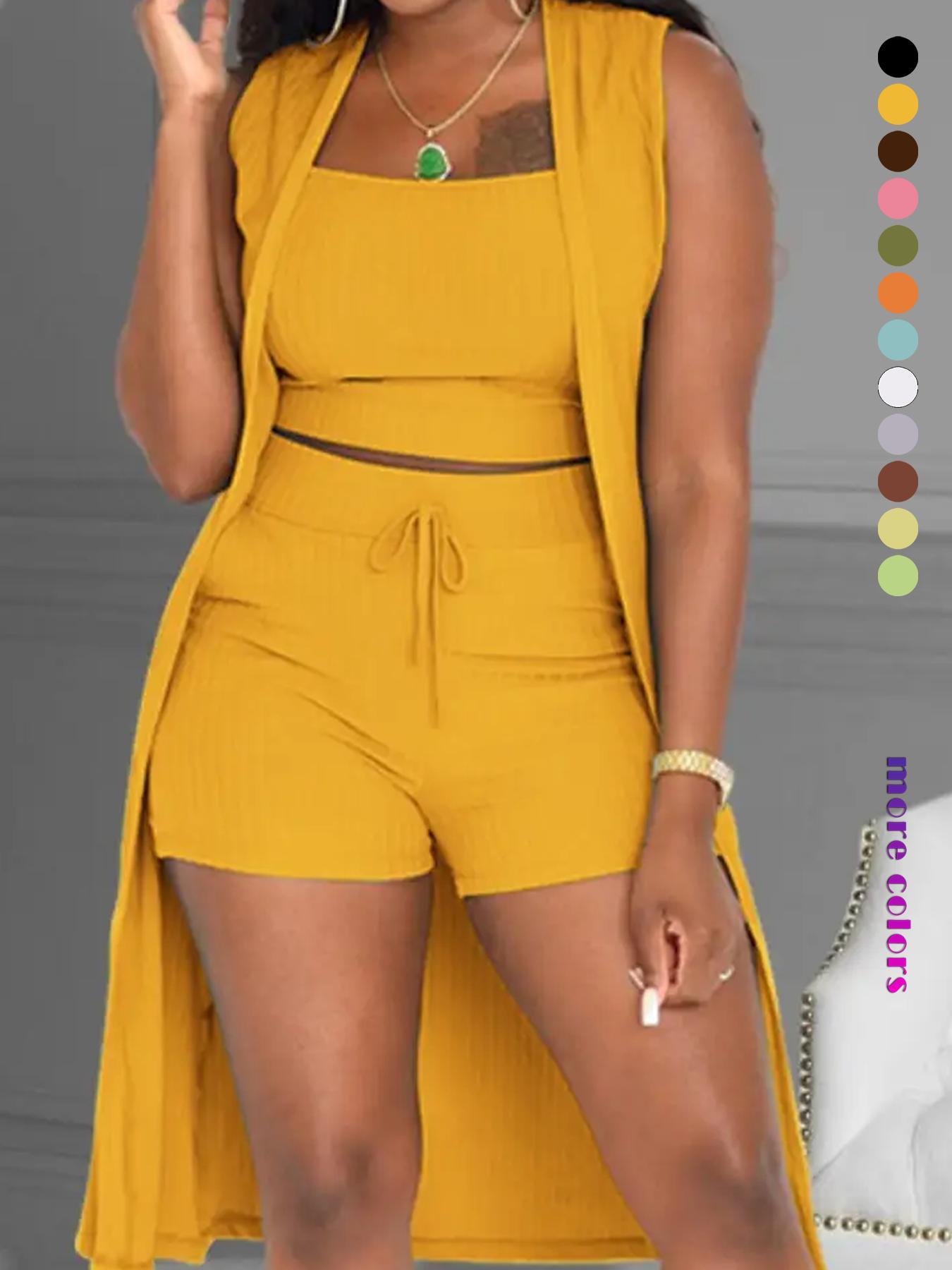 Three-Piece Set Women's Solid Ribbed Co-ord Set, Casual Crop Tank Top & Drawstring Waist Shorts & Vest Coat Set for Daily Wear, Summer Clothes, Women's Clothing