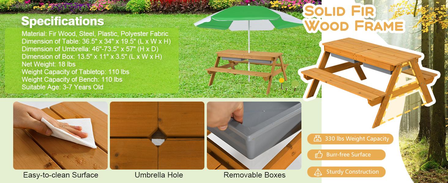 Costzon Kids Picnic Table w/Height Adjustable Umbrella,Indoor & Outdoor, Sand & Water Table for Garden, Backyard, Patio, dealsforyou