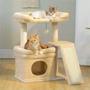 Compact cat tree tower with spacious top perch, private cat apartment, sisal scratching post and sloped sisal scratching pad, suitable for indoor cats