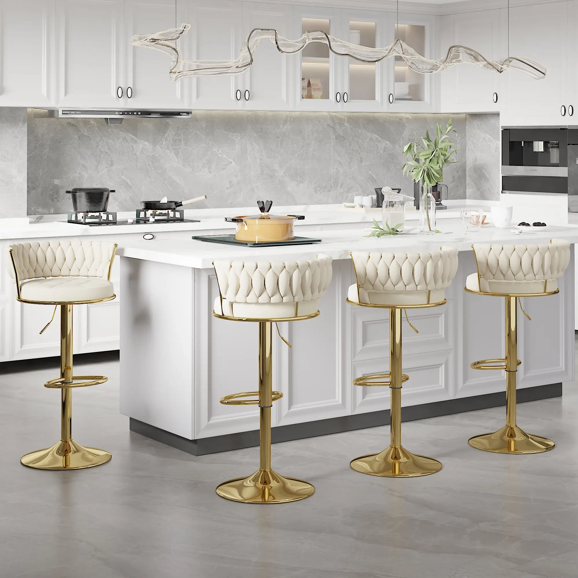 VECELO Modern Metal & Velvet Barstools Set of 2/4, Counter Height Barstool with Woven Arms & Backrest, 360° Swivel Height-Adjustable, 330lb Capacity, for Kitchen Island, Bar Counter (Requires Assembly), Counter Height Barstools, Height Adjust