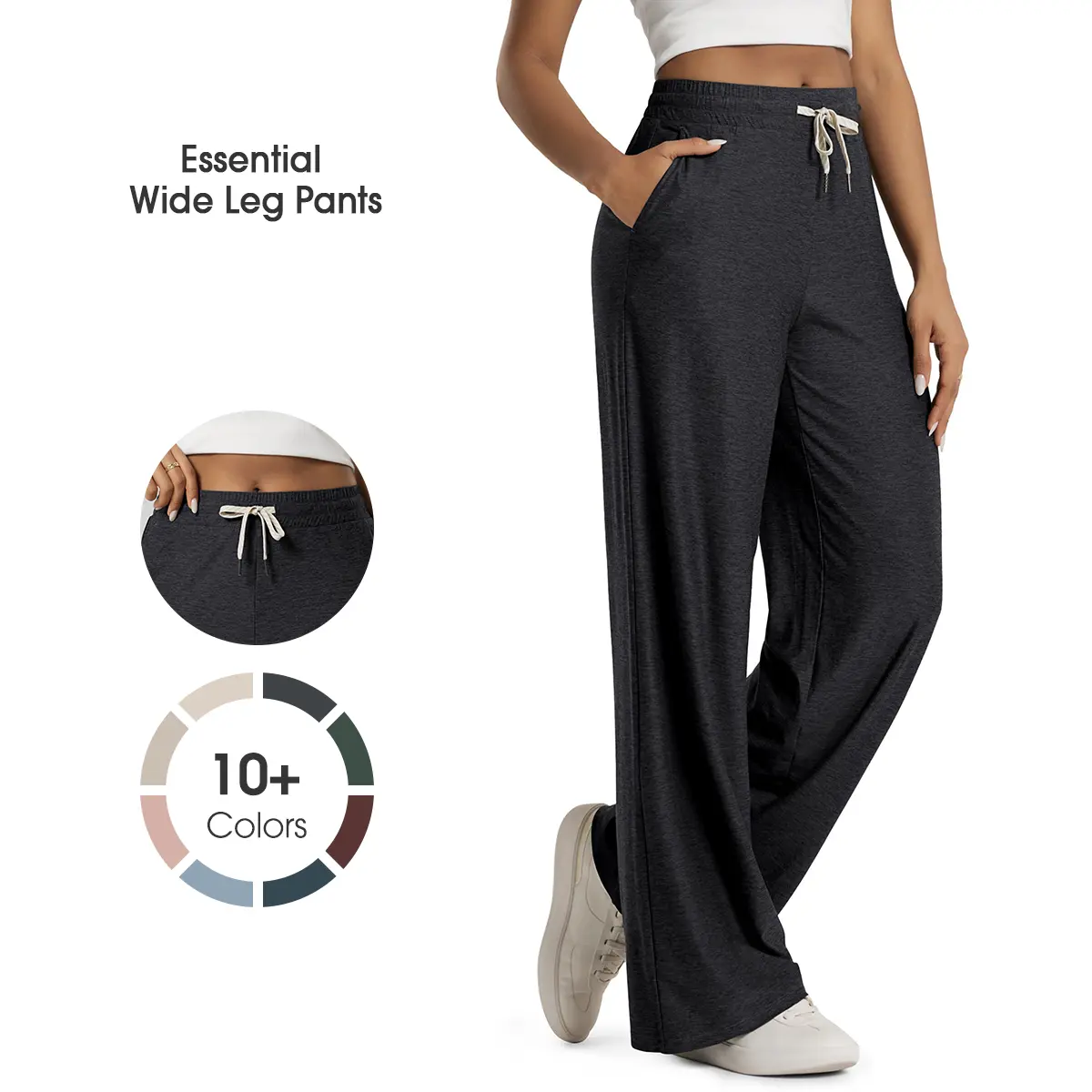 ODODOS Women's Essential Wide Leg Polyester Jersey Pants - Ultra Soft odSTRATUM Tech Drawstring Relaxed Outdoor Casual Pants with Pockets, 29" Inseam, Adjustable Elastic Waist, Light Sun Protection Fabric
