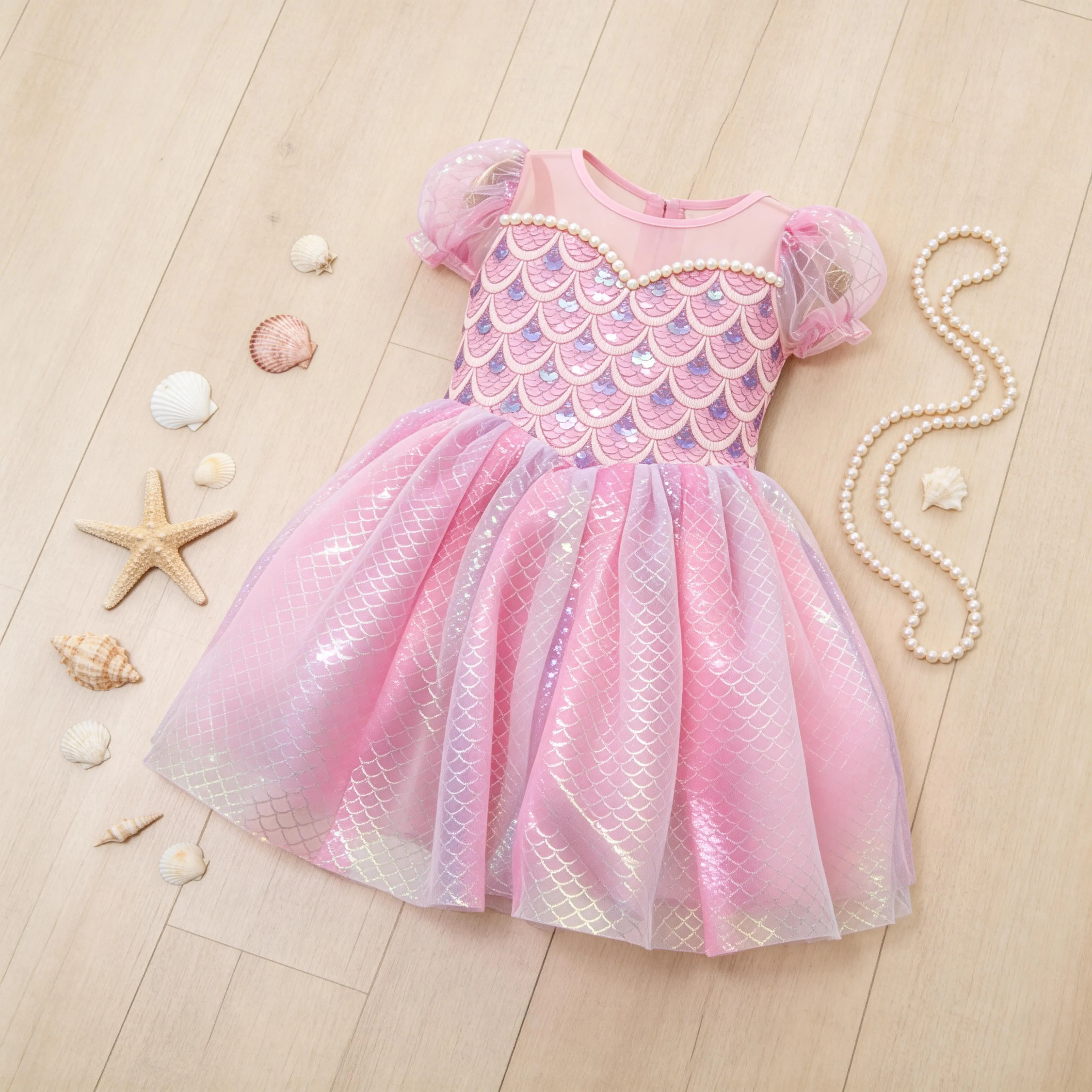 Girls' Mermaid Birthday Party Dress, Shiny Sequin Bodice with Scale Print, Iridescent Tulle Skirt, and Sheer Puff Sleeves, Shiny Sequin Dress, Tulle Skirt Dress Holographic Dress