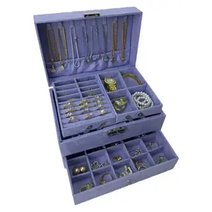 Double-Sliding Velvet Jewelry Box | Two Drawers + Adjustable Dividers | Necklace Hook + Ring & Earring Storage | Perfect Gift for Her (Luxurious Velvet Jewelry Box)