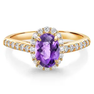 Gem Stone King 10K Yellow Gold Gemstone Birthstone and Lab Grown Diamond Halo Engagement Ring | Oval 7X5MM | Wedding Anniversary Promise Gold Ring For Women