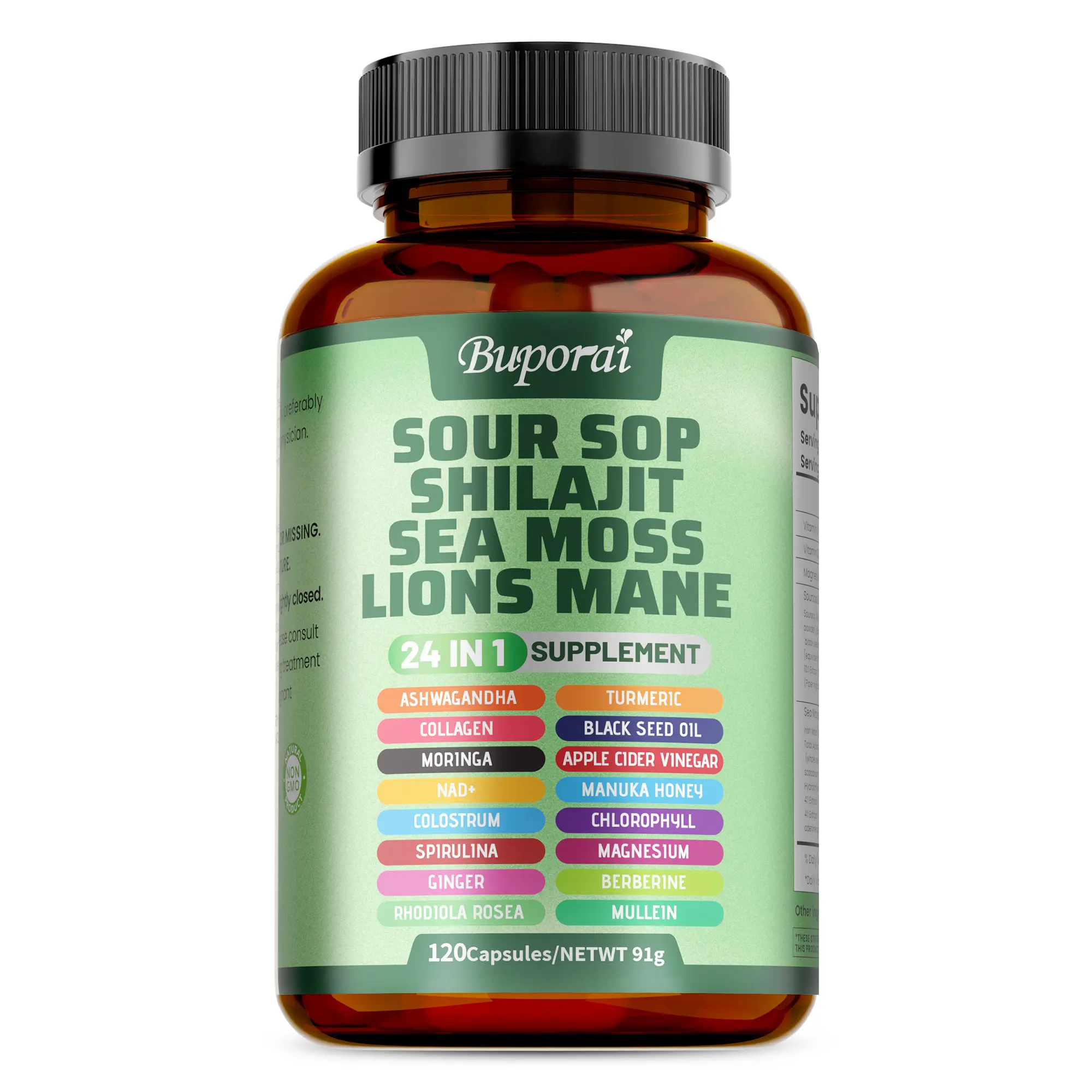 #backtoschool Soursop Dietary Supplement, rich in antioxidants, 120 capsules per bottle, with added shiitake mushroom, seaweed, and lion's mane mushroom, 24 in 1, supports skin, joint, and bone health.