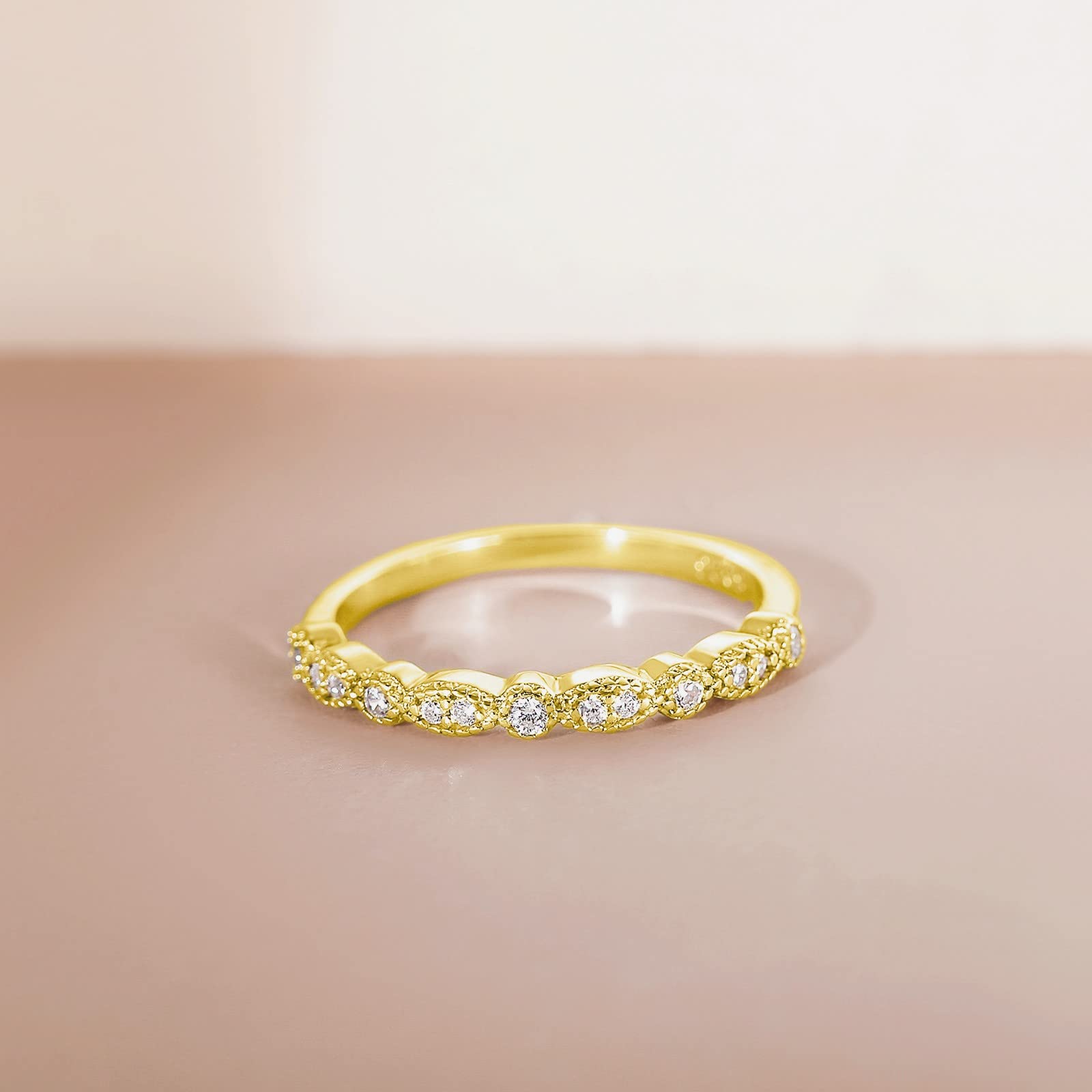 EAMTI 925 Sterling Silver Wedding Band for Women Cubic Zirconia Marquise & Round Milgrain Half Eternity Stackable Ring