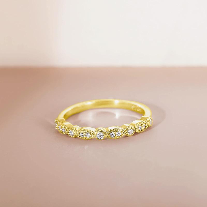 EAMTI 925 Sterling Silver Wedding Band for Women Cubic Zirconia Marquise & Round Milgrain Half Eternity Stackable Ring