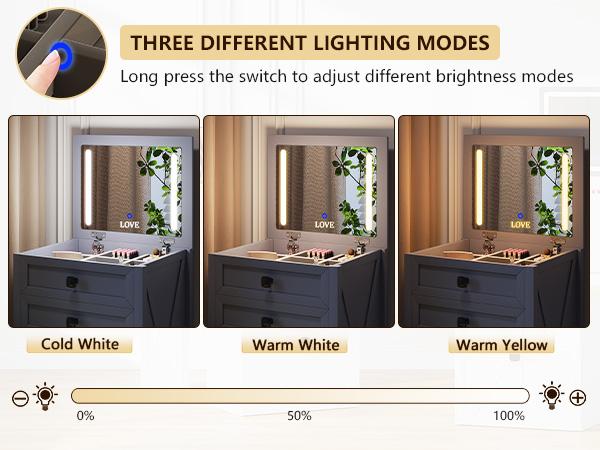 Miu Farmhouse 3 in 1 Vanity  , 3-Color Adjustable Lighting, Cushioned Stool for Bedroom Organization LED Bedside Table with Drawers Dimmable Mirror