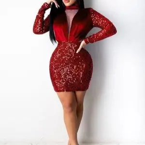 Sexy Bodycon Mini Dress - Women Sequins Tassels Mock Neck Party Club Pencil Dresses Birthday, Red (Long Sleeve), S Formal Womenswear