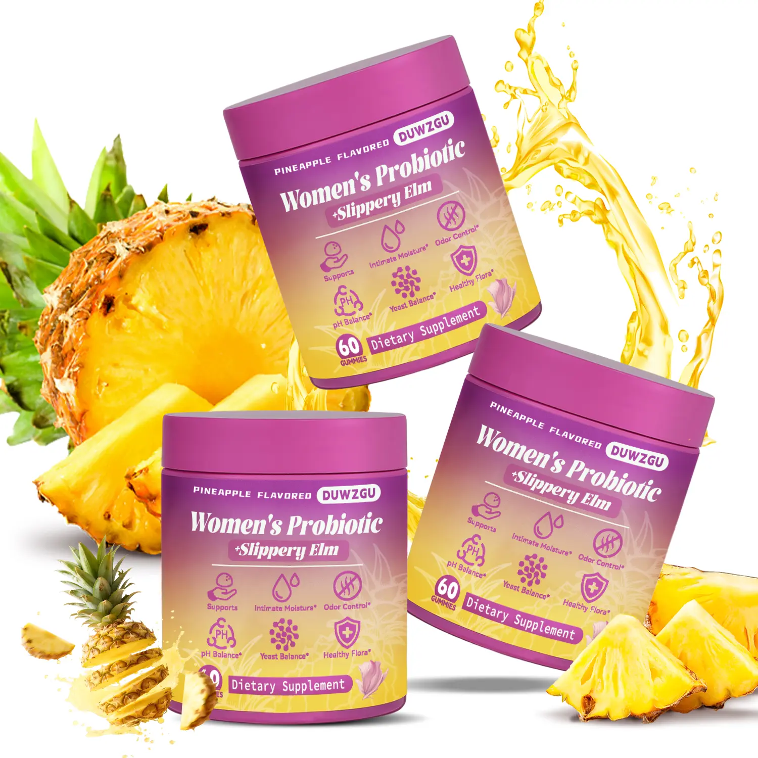 Pineapple Flavor - Feminine Probiotics 60 Gummies Dietary Supplement with Prebiotic&Probiotic Blend Slippery Elm Support pH Balance