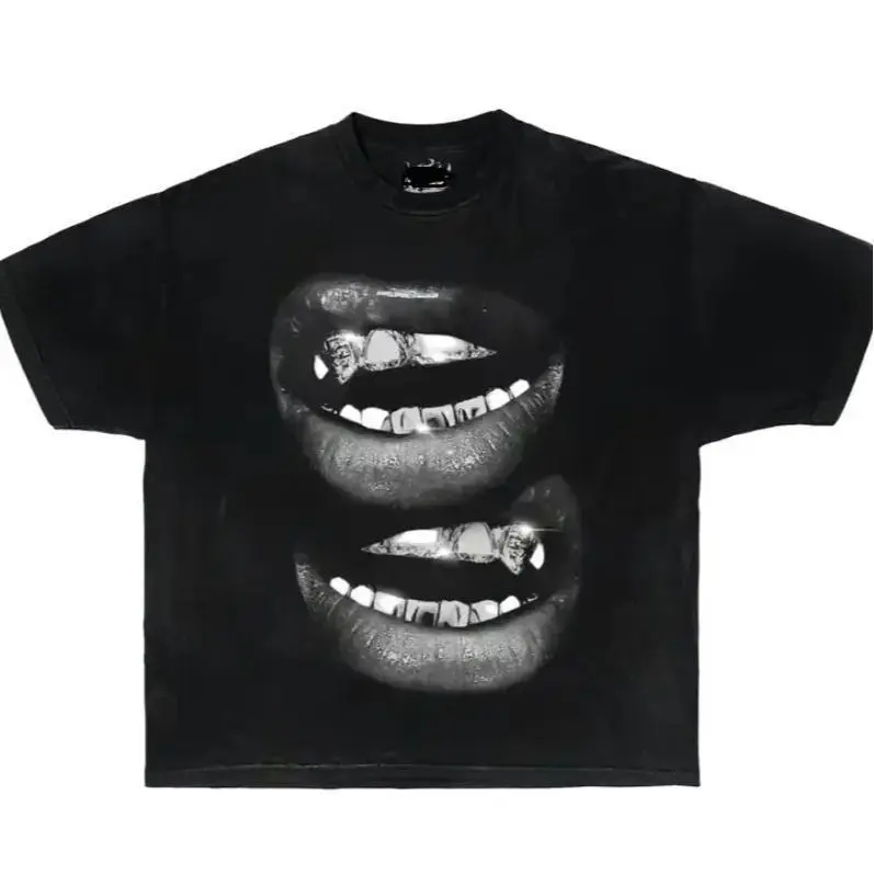 Women's Short-Sleeve Cotton Graphic T-Shirt - Grin Fang Print, Garment-Dyed, Boxy Cut, Soft Everyday Casual Street Top
