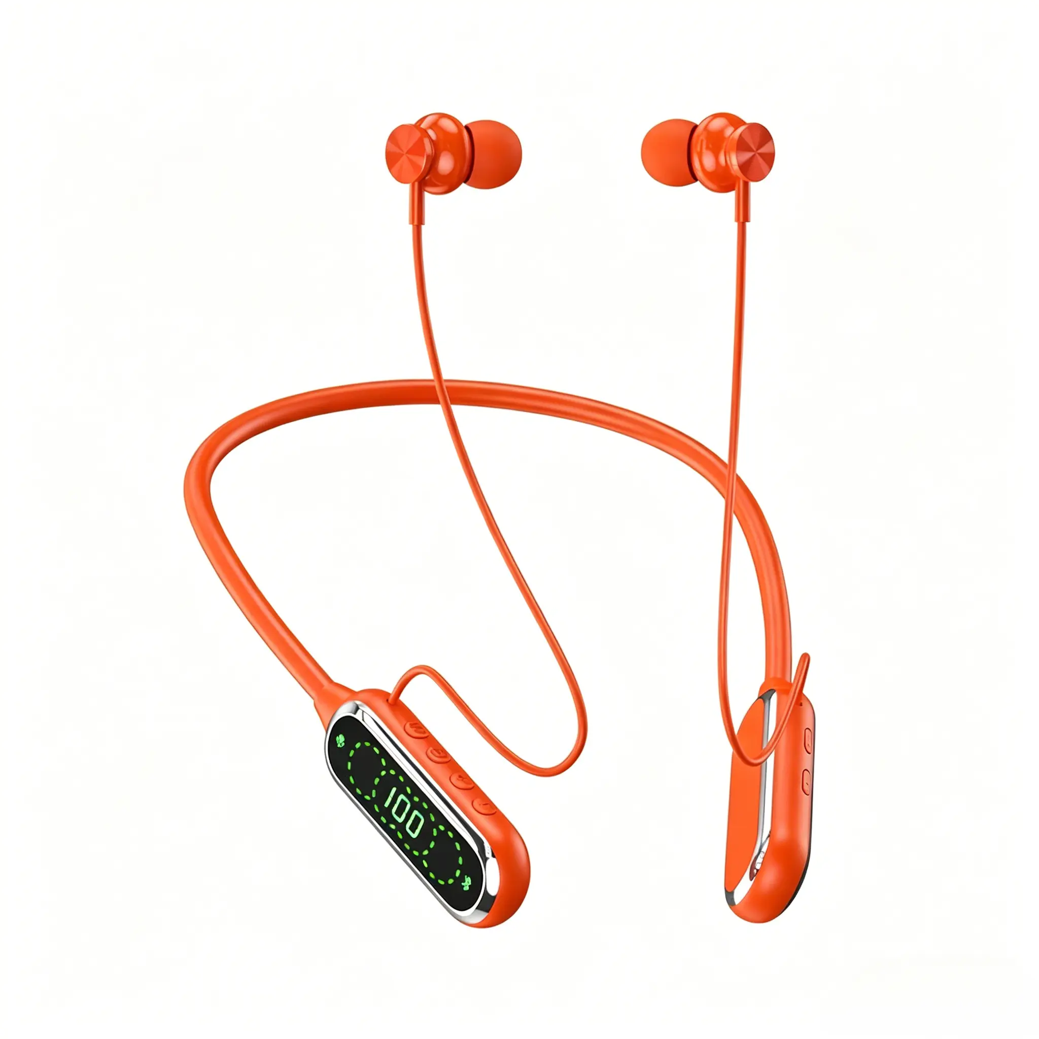 Orange Bluetooth 5.4 Wireless Neckband Earbuds Headset - Silicone, Type-C Jack, 20H Playtime, Water Resistant, Noise-Cancelling, LED, Stable Connection, Multi-Device Compatibility, Mobile Audio, Sound Isol, Sports Use, Replacement Earbuds