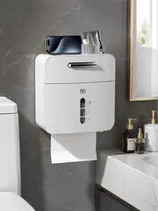 Plastic No-Drill Wall-Mounted Bathroom Tissue Box, Multifunctional Toilet Paper Holder & Sanitary Wipes Organizer, Space-Saving Bathroom Counter-Cleaning Solution