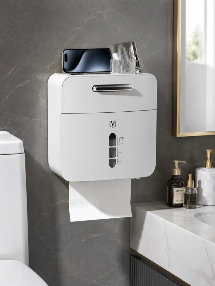 Plastic No-Drill Wall-Mounted Bathroom Tissue Box, Multifunctional Bathroom Necessities - Restroom Accessory, Toilet Paper Holder, Sanitary Wipes Organizer, Space-Saving Counter Solution, Restroom Bathroom Accessories