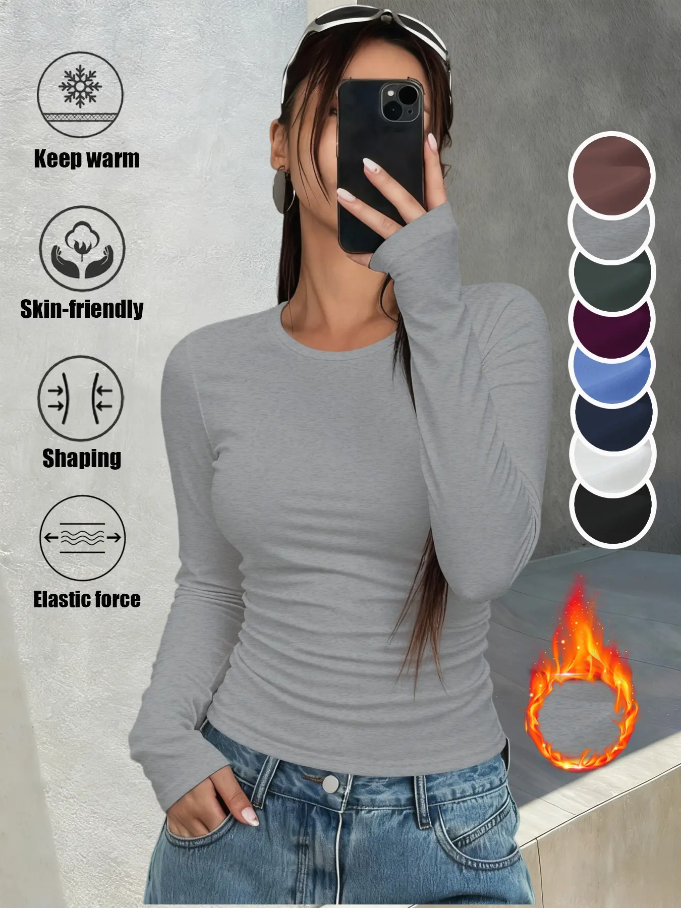 Women's Thermal Underwear Long Sleeve Round Neck Shirt, Classic Versatile Basic Body Shaping Base Layer Top, Slim Fit Fall Clothing
