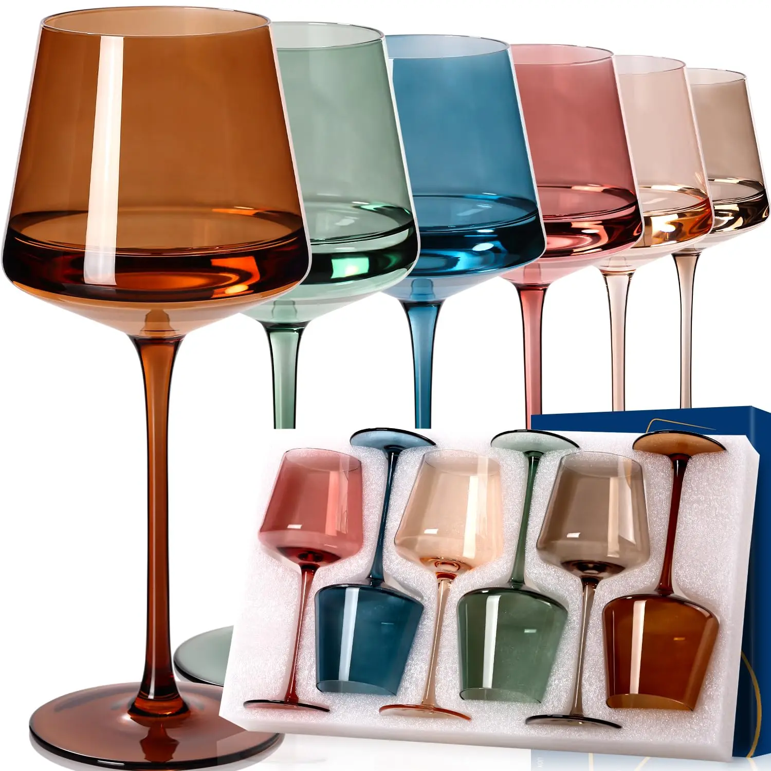 Multicolor Hand Blown Wine Glasses, Unique Mother’s  Gift for Mom, Colorful Crystal Stemless Glass SetHand Blown Crystal Muticolor Stemless Glass Set of 6-18oz for Red Wine Whiskey Tumbler Drinkware Large Colorful Wine Glasses