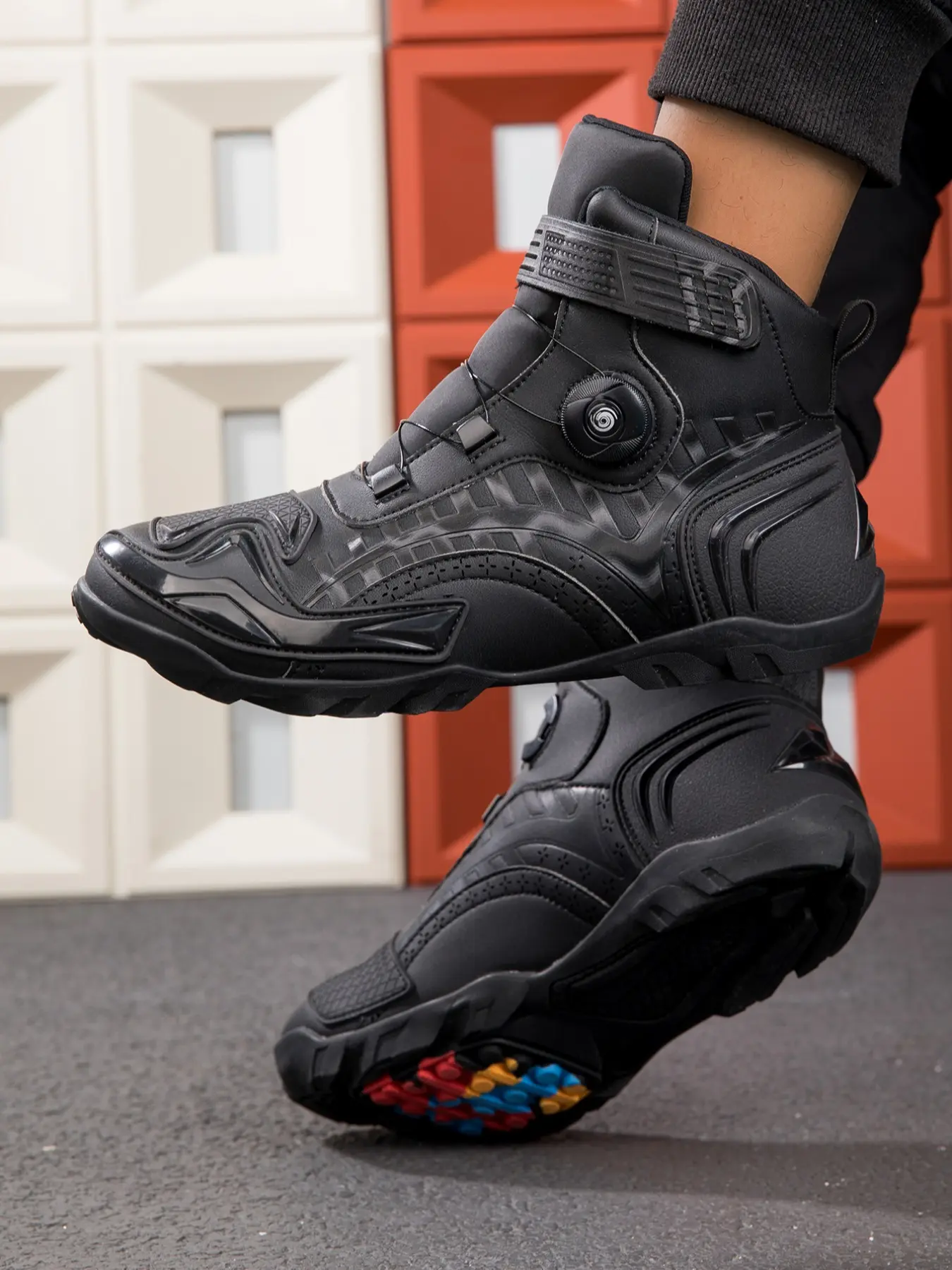 Fashion Mid-Calf Motorcycle Boots, Adjustable, Breathable, Non-Slip, Rubber Sole, Geometric Pattern, All-Season Comfort, Casual Outdoor Shoes, Slip Resistant Boots, Fashionable Boots