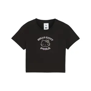 PUMA Womens X Hello Kitty Graphic Crew Neck Short Sleeve Crop Casual Tops Casual - Black