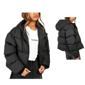 Women's Cropped Puffer Jackets Winter Warm Lightweight Quilted Jackets Hooded Full Zip Coats with Pockets