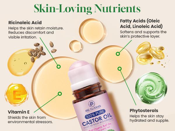 Castor Oil Roll-On with Rose Quartz | 100% Pure for Skin, Brows & Lashes and less mess Castor Oil Packs | deeply hydrate and richly nourish skin | improve the look of fine lines and wrinkles