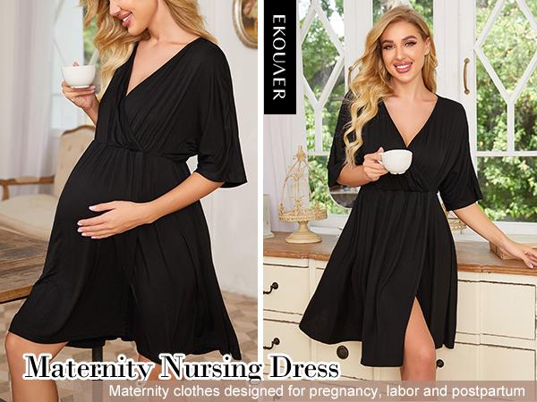 Ekouaer 3 in 1 Labor Delivery Hospital Gown Maternity Dress Nursing Plus Size S-XXL Skin Friendly Elastic Waistline V Neck Design Postpartum Outfit